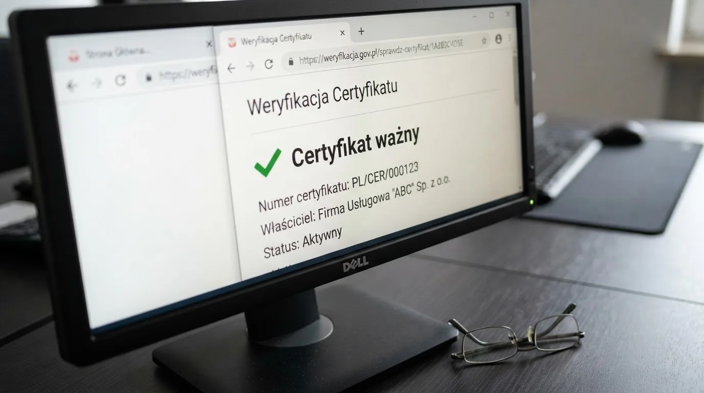 Ekran komputera z otwartą stroną certyfikatu regulatora i drugą kartą z adresem domeny, zbliżenie na pasek adresu